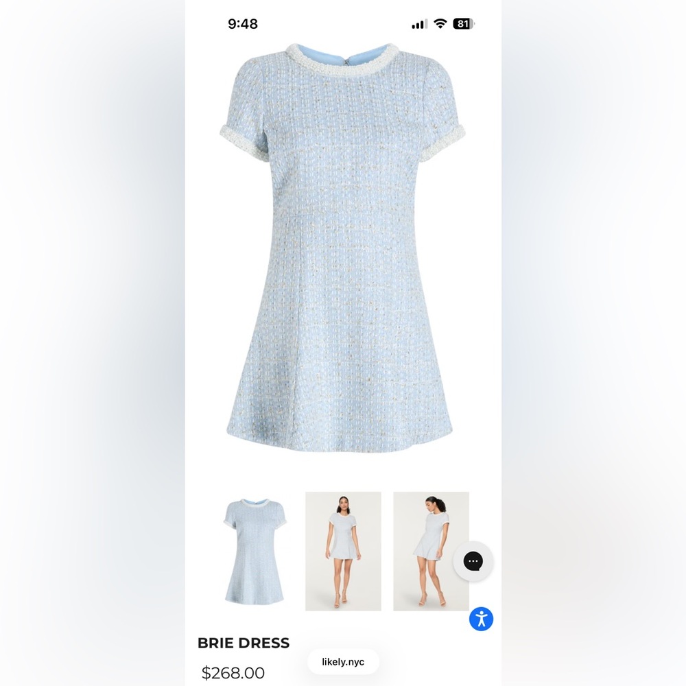 Likely Brie Dress, Blue Tweed Fit & Flare Women’s Dress w/ Cream Beading, Size 4